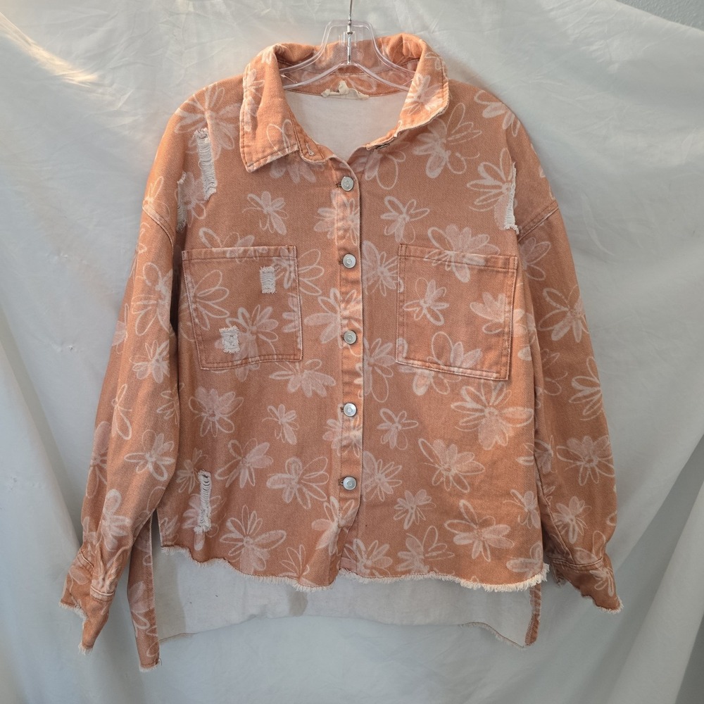 Peach Love California Distressed Floral Shacket Jacket Frayed Hem Sz M Boho-chic